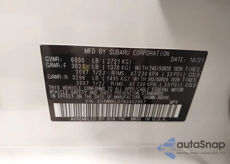 2022 Subaru Ascent Limited z USA, uszkodzony, nr VIN 4S4WMALD7N3402957